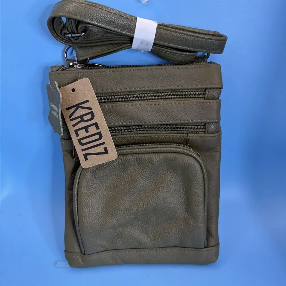 KREDIZ Genuine Leather Black Crossbody Bag Multiple Zipper Pockets NWT